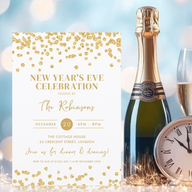 Invitación Fiesta de Oro Sleek New Ave Eve Purpurina Confetti (Sleek New Years Eve Party Gold Glitter Confetti Invitation)