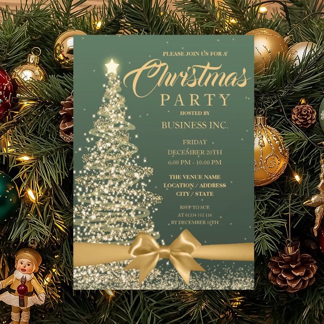 Invitación FIESTA de oro verde de cinta de árbol de Navidad E (CORPORATE Christmas Tree Ribbon Green Gold Party Invitation)