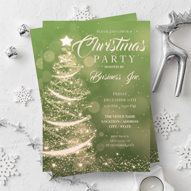 Invitación FIESTA de oro verde de esparkle de árbol de Navida (CORPORATE Christmas Tree Sparkle Green Gold Party Invitation)