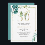 Invitación Fiesta de oro y eucalipto 30 cumpleaños<br><div class="desc">Esta invitación a la fiesta de cumpleaños número 30 de oro y eucalipto es perfecta para una elegante celebración de cumpleaños número 30. El diseño se compone de hojas de color verde,  dorado y azul pintadas a mano y flores cuidadosamente dispuestas en ramos y marcos geométricos elegantes.</div>