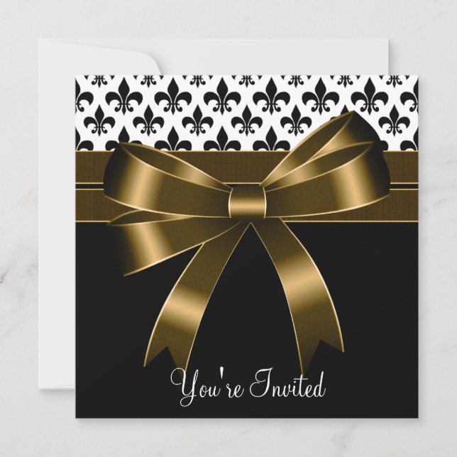Invitación Fiesta de oro y flor negro de Lis (Anverso)