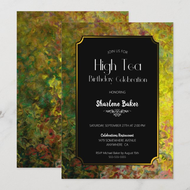 Invitación Fiesta de oro y negro de té de alto cumpleaños (Anverso / Reverso)