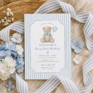 Invitación Fiesta de osito de cumpleaños número uno con raya
