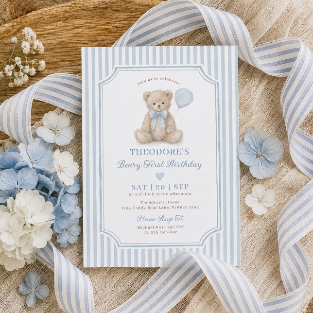 Invitación Fiesta de osito de cumpleaños número uno con raya  (Subido por el creador)