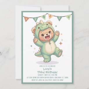 Invitación Fiesta de Oso Dino Kawaii Adorable   3er Cumpleaño