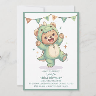 Invitación Fiesta de Oso Dino Kawaii Adorable | 3er Cumpleaño