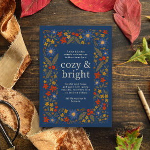 Invitación Fiesta de otoño del marco floral folksy azul otoño