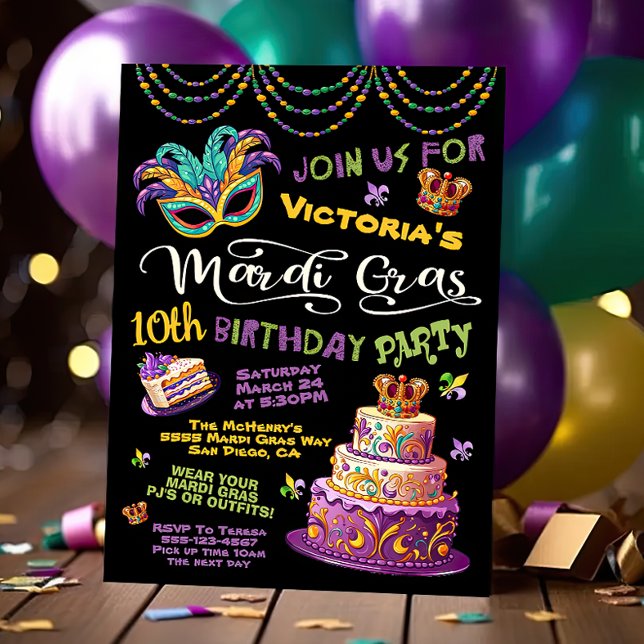 Invitación Fiesta de Pajama de Cumpleaños Mardi Gras (Subido por el creador)