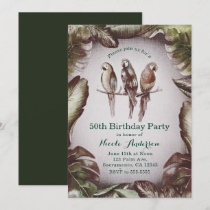 Invitación Fiesta de pájaros tiki tropicales vintage, loros y