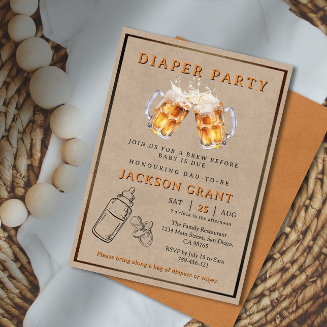 Invitación Fiesta de pañales de cerveza de Rusia para ser Bab (Rustic Beer Diaper Party Dad to be Baby Shower Invitation)