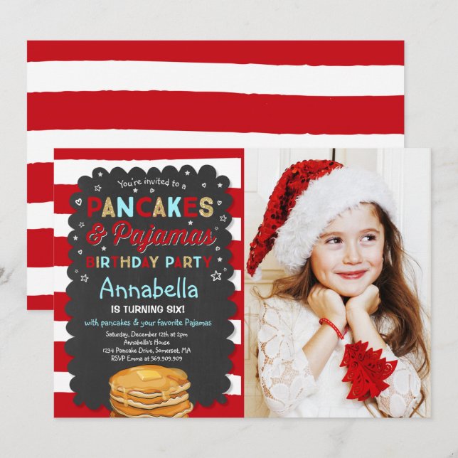 Invitación Fiesta de Pancake y Pajamas por cumpleaños (Anverso / Reverso)