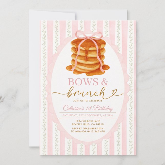 Invitación Fiesta de Panqueques con Gingham Rosa, Brunch de C (Anverso)