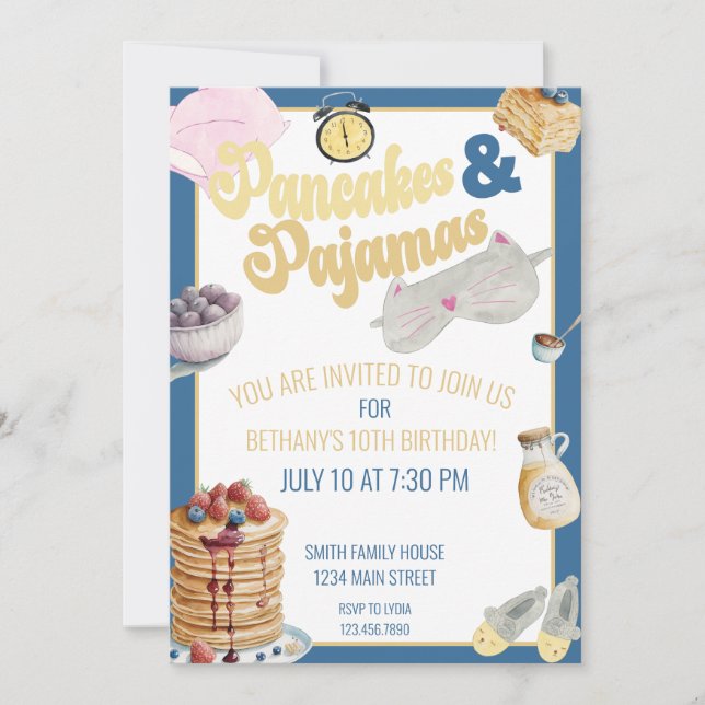 Invitación Fiesta de panqueques y pijamas dorados (Anverso)
