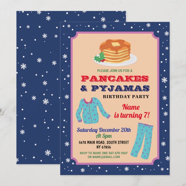 Invitación Fiesta de Panqueques y Pijamas Navidad Cumpleaños  (Anverso / Reverso)