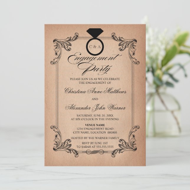 Invitación Fiesta de papel de época y compromiso de ornamento (Anverso de pie)