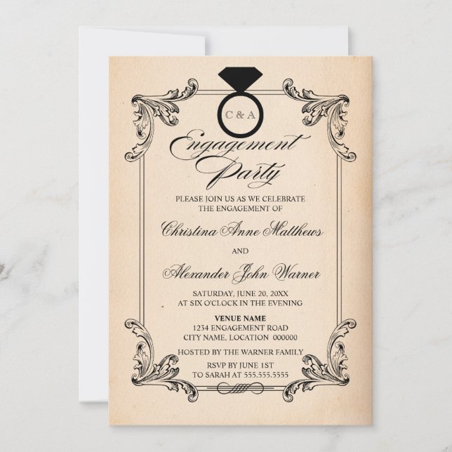 Invitación Fiesta de papel de época y compromiso de ornamento (Anverso)