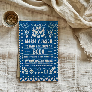 Invitación Fiesta de Papel Picado Azul Arte Folclórico Boda E