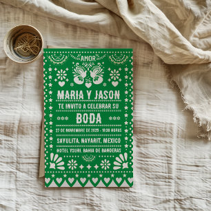 Invitación Fiesta de Papel Picado Verde Arte Folclórico Boda