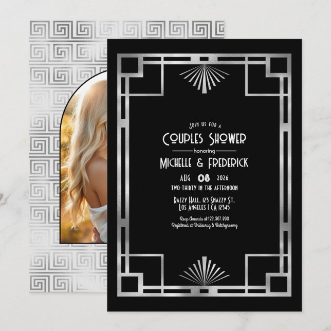 Invitación Fiesta de parejas Art Déco Black & Silver Gatsby (Anverso / Reverso)