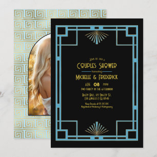 Invitación Fiesta de parejas Chic Gatsby Art Deco azul y dora
