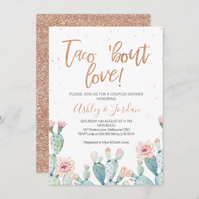 Invitación Fiesta de parejas Rose Gold Taco ''bout Love (Anverso / Reverso)