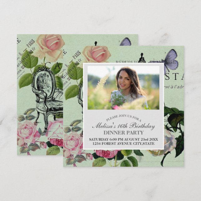 Invitación Fiesta de París rosa rosa rosa francés de la Casa  (Anverso / Reverso)