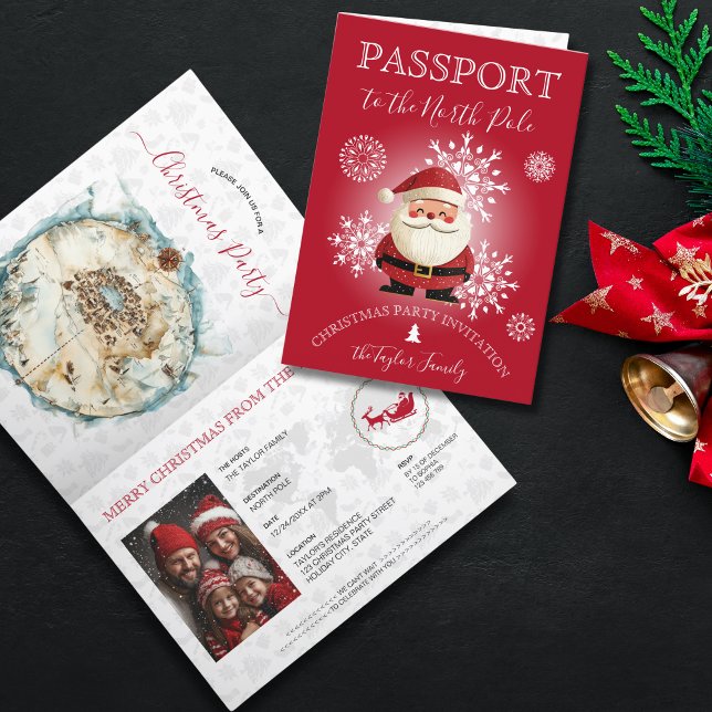 Invitación Fiesta de pasaportes del Polo Norte para Navidades (christmas passport invitation, red cover with snowflakes and santa illustration)