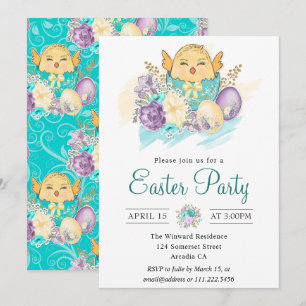 Invitación Fiesta de Pascua de pollito floral en acuarela en 