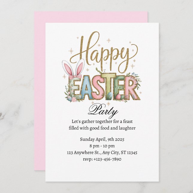 Invitación Fiesta de Pascua Feliz Pastel (Anverso / Reverso)