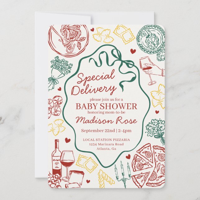 Invitación Fiesta de Pasta Entrega Especial Shower de Bebé It (Anverso)