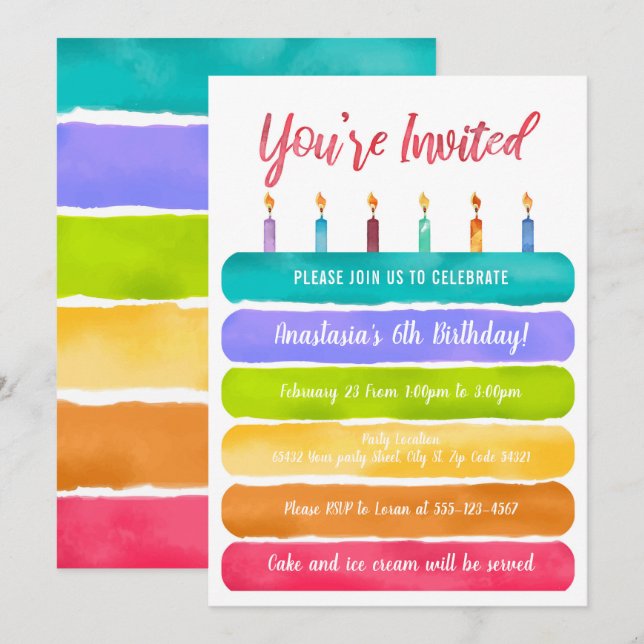 Invitación Fiesta de pastel de cumpleaños Rainbow (Anverso / Reverso)