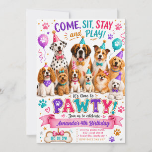 Invitación Fiesta de Patas de Perro Cumpleaños Colorido Acuar