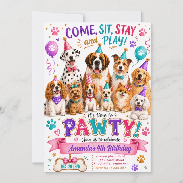 Invitación Fiesta de Patas de Perro Cumpleaños Colorido Acuar (Anverso)