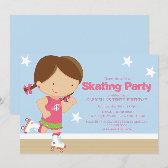 Invitación Fiesta de patinaje| chica Brunette (Anverso / Reverso)
