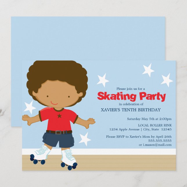 Invitación Fiesta de patinaje| Niño afroamericano (Anverso / Reverso)