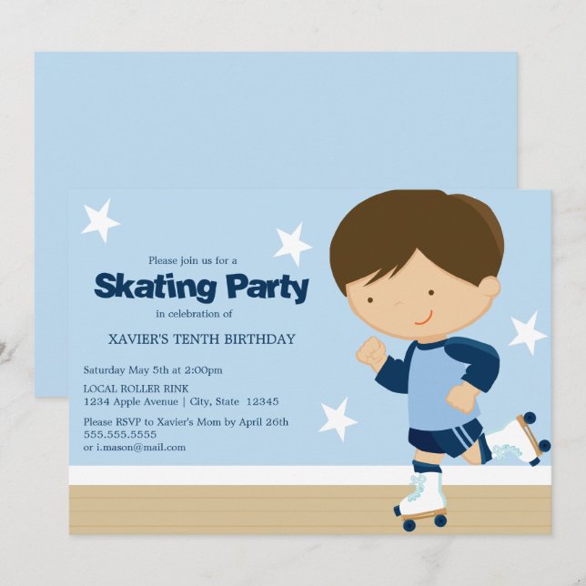 Invitación Fiesta de patinaje| Niño Brunette (Anverso / Reverso)