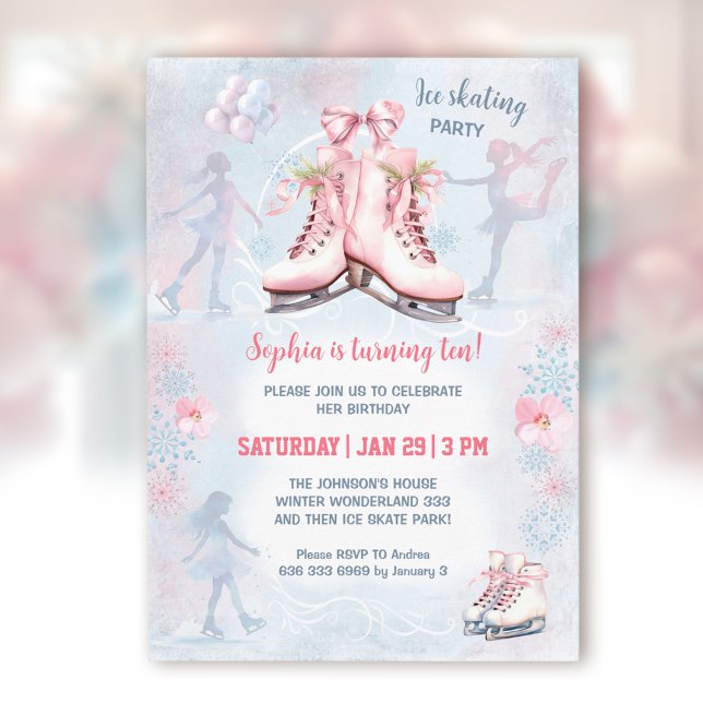 Invitación Fiesta de patinaje sobre hielo Chica azul rosado c (Ice Skating Party Winter Pink Blue Girl Birthday Invitation)