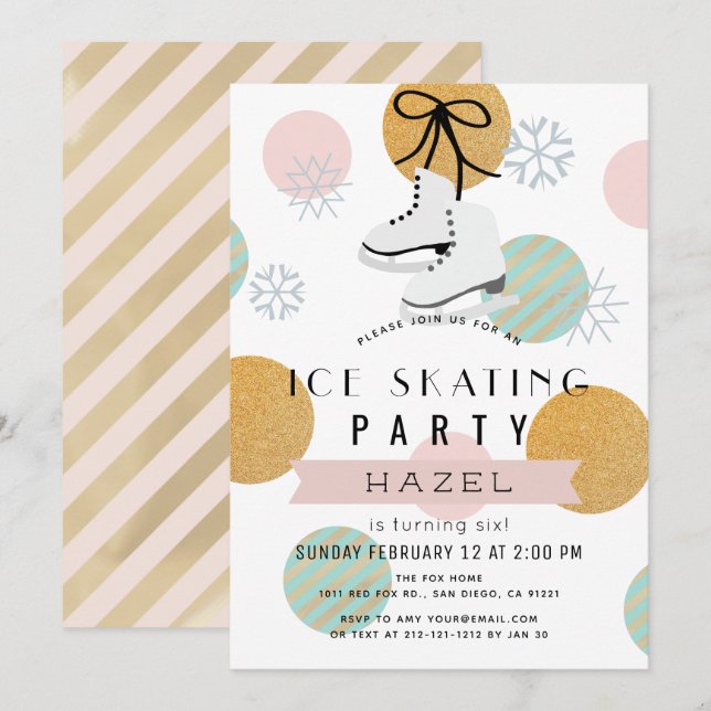 Invitación Fiesta de patinaje sobre hielo Chica de oro rosado (Anverso / Reverso)