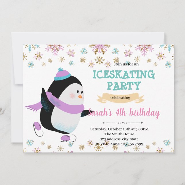 Invitación Fiesta de patinaje sobre hielo de pingüino de invi (Anverso)