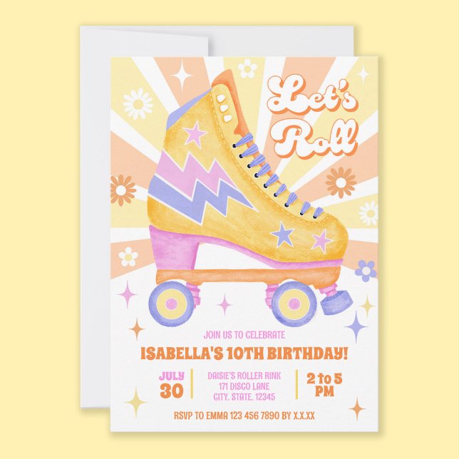 Invitación Fiesta de patinaje sobre ruedas retro (All the retro vibes for this roller disco birthday party invitation themed in yellow and orange.)