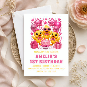 Invitación Fiesta de patitos amarillos lindos y globos rosado