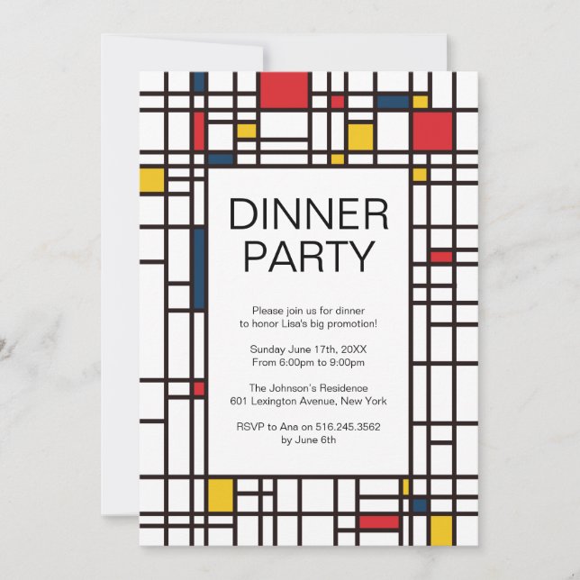Invitación Fiesta de patrón geométrico De Stijl de Mondrian (Anverso)