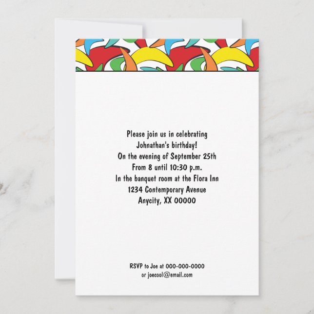 Invitación Fiesta de patrón retro bumerang multicolor (Anverso)