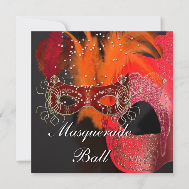 Invitación Fiesta de pelota de máscaras negras de Naranja roj (Anverso)