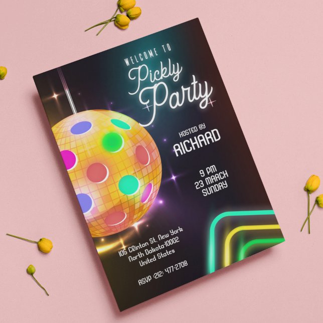 Invitación Fiesta de Pelota en Vinagre Tema Neon Bola de Disc (Subido por el creador)