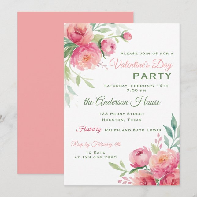 Invitación Fiesta de Peonies Floral Día de San Valentín (Anverso / Reverso)