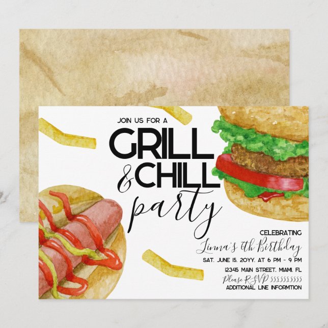 Invitación Fiesta de Perro Caliente de Burger Grilling Fries (Anverso / Reverso)