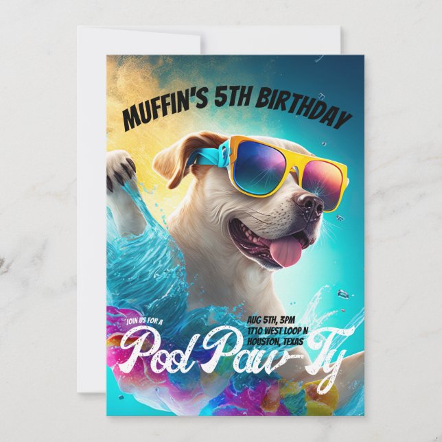 Invitación Fiesta de Perros Paw-Ty en Piscina Personalizada (Anverso)