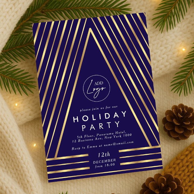 Invitación Fiesta de personal de la Marina y Navidades de Oro (Modern navy blue and gold Holiday Party Company Logo Invitation)
