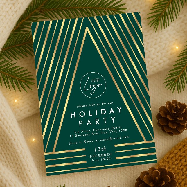 Invitación Fiesta de personal de Navidades verdes y de oro co (Modern emerald green and gold Christmas Party Business Logo Invitation)